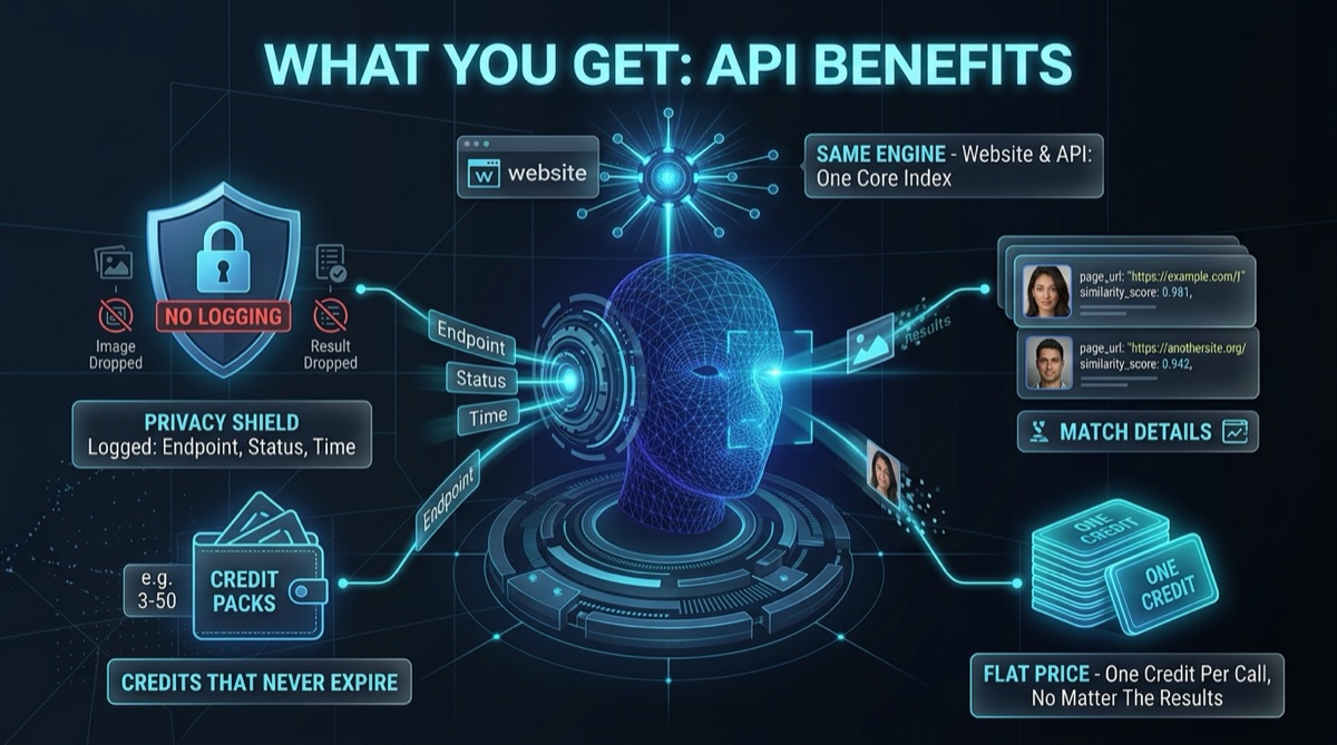 What the API includes: the same engine as the website, match details with similarity scores, credits that never expire, a flat price per call, and logging limited to endpoint, status and time