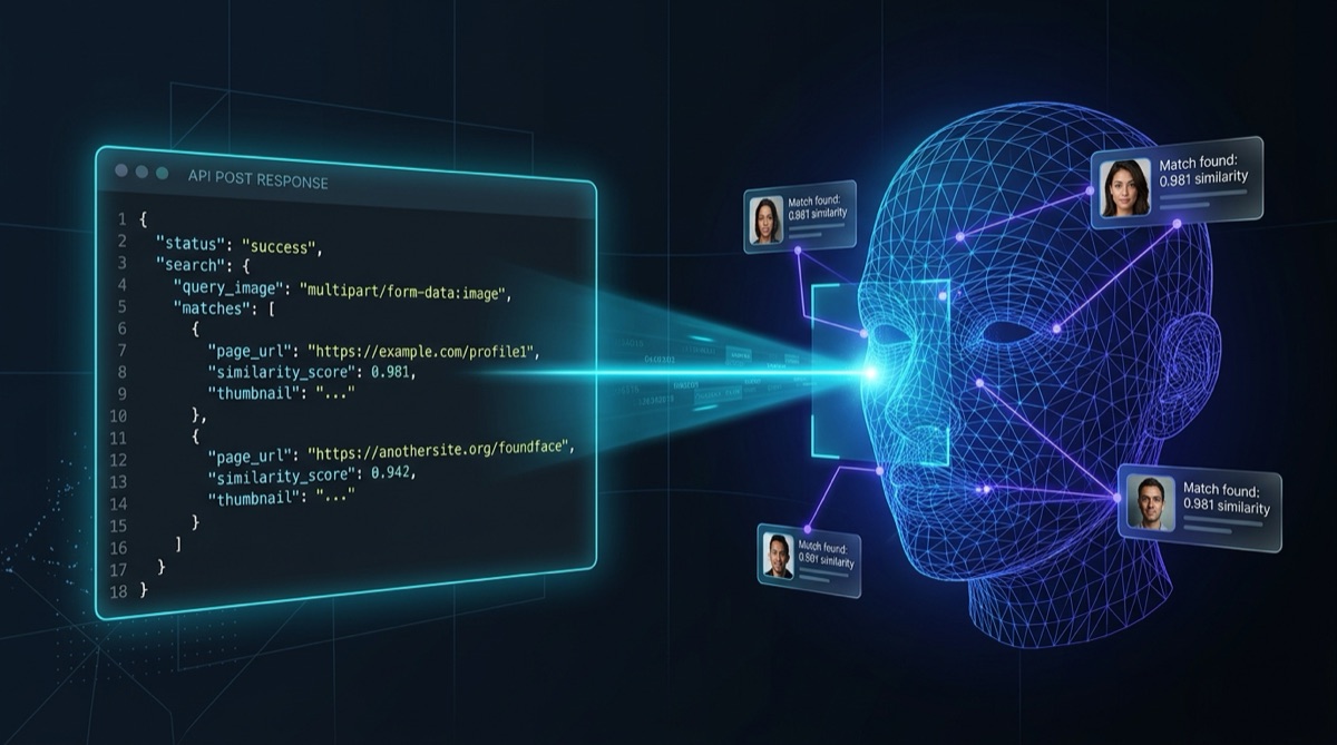 A face rendered as a wireframe mesh beside an API response showing page URLs and similarity scores for each match