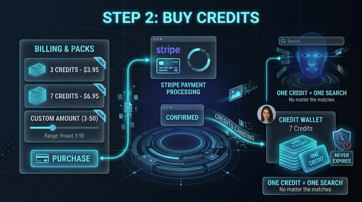 Buying credits: the 3 and 7 credit packs and a custom amount, paid through Stripe, landing in a credit wallet that never expires