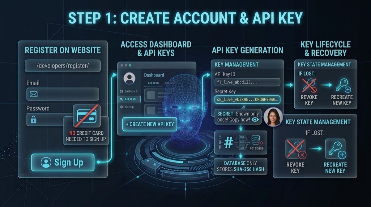 Registering with an email and password with no card required, then creating a key in the dashboard whose secret is shown once while the database keeps only its SHA-256 hash, and revoking a lost key to recreate a new one