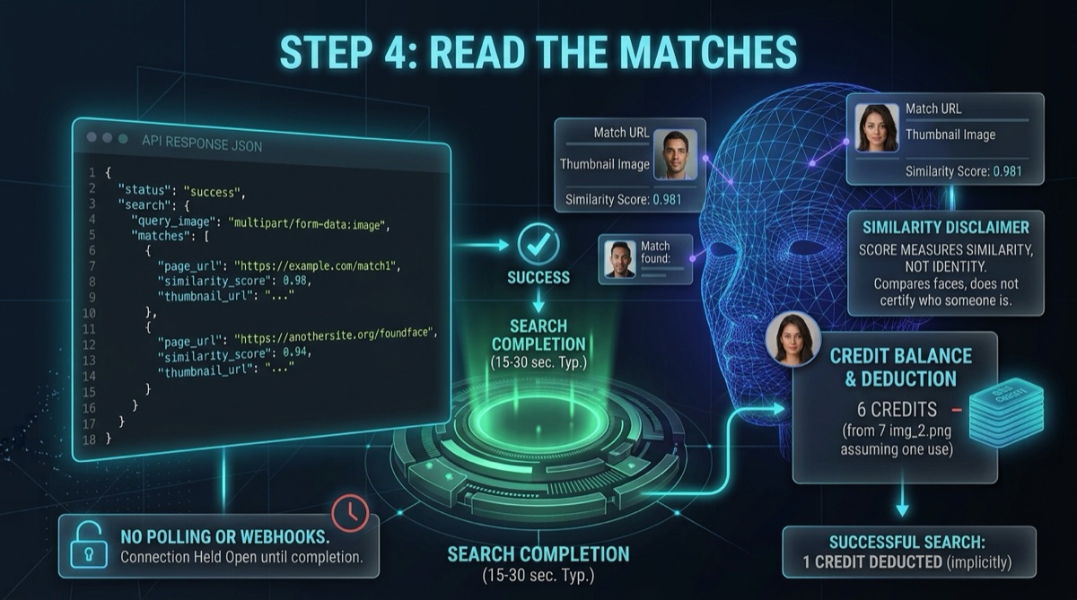 The JSON response: page URLs, similarity scores and thumbnails for each match, returned in 15 to 30 seconds with no polling, and a note that the score measures similarity rather than identity