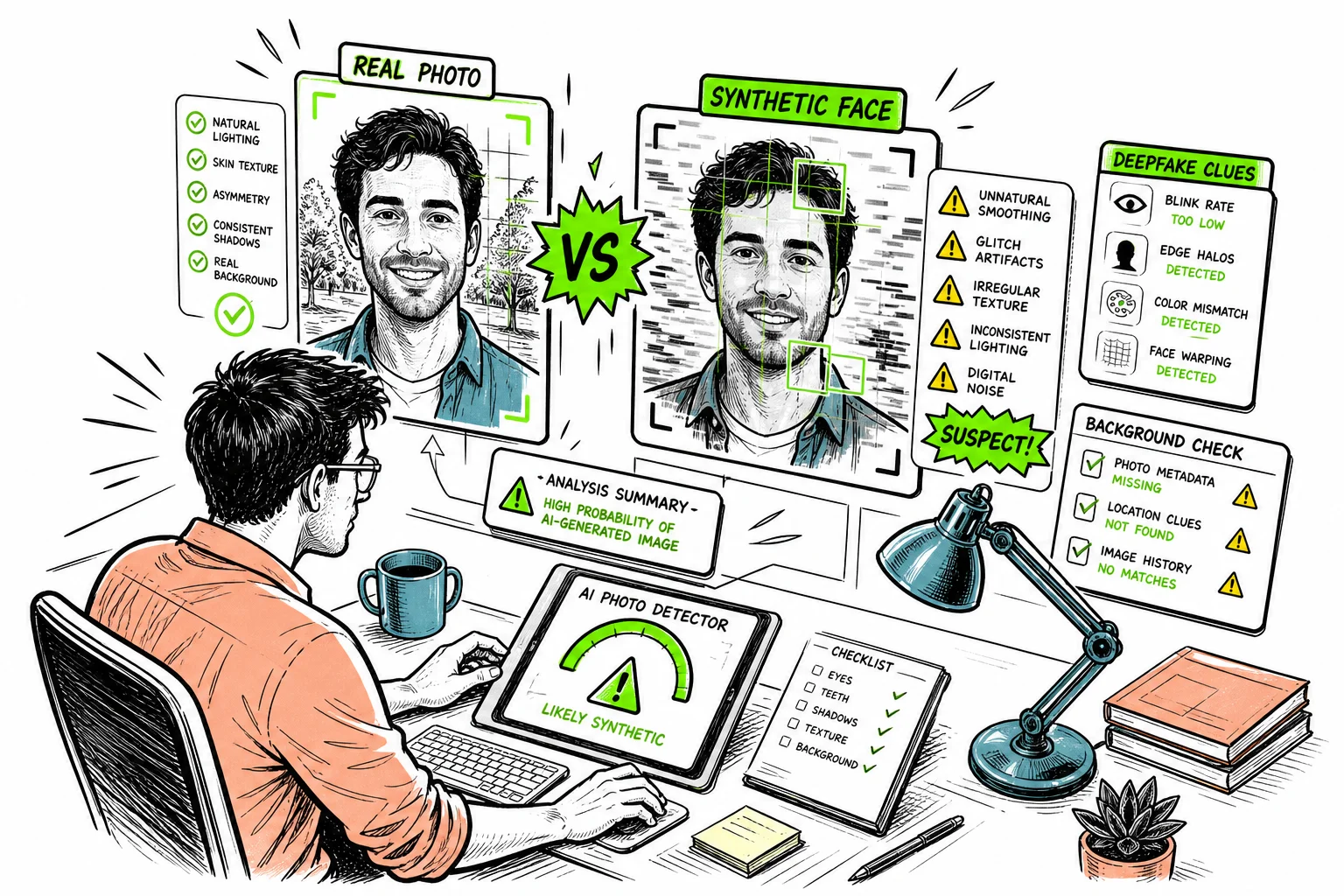 Editorial illustration of AI-generated photo detection