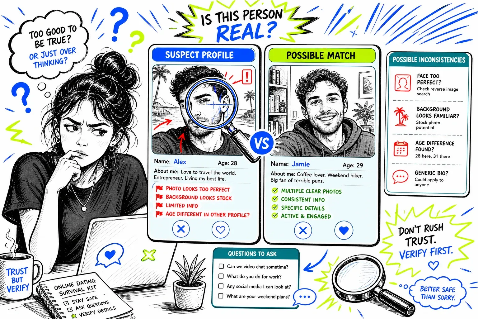 Skeptical user comparing suspicious online profile photos