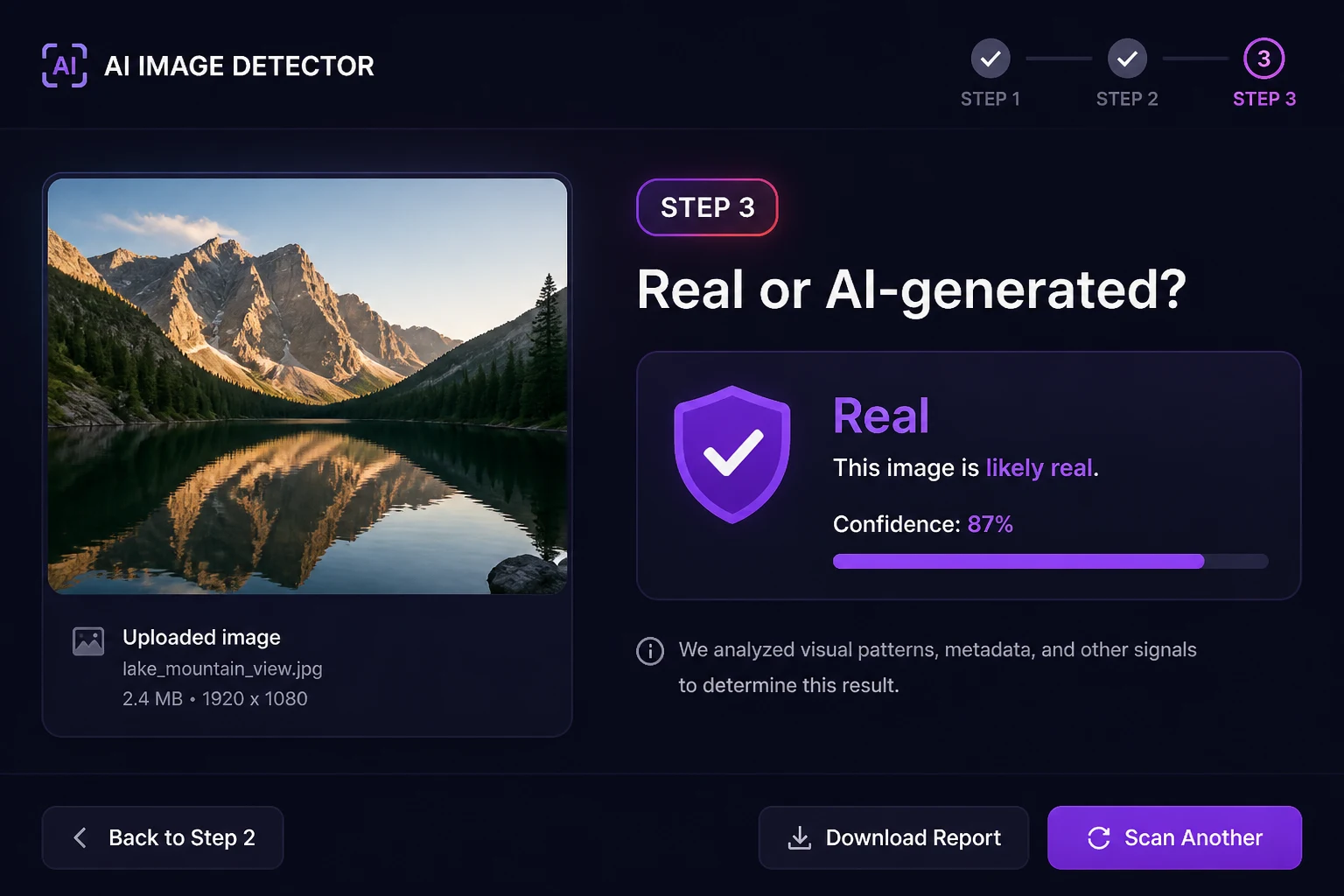 AI image detector result showing synthetic face signals
