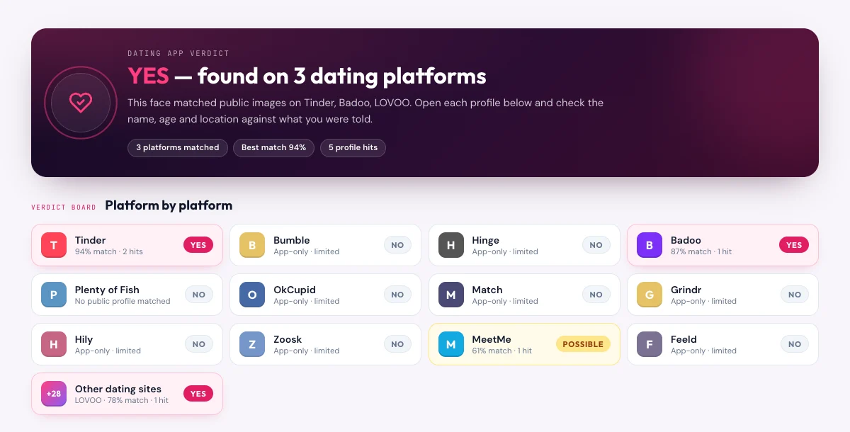 Example dating app search report showing a YES verdict with matches on Tinder and Badoo