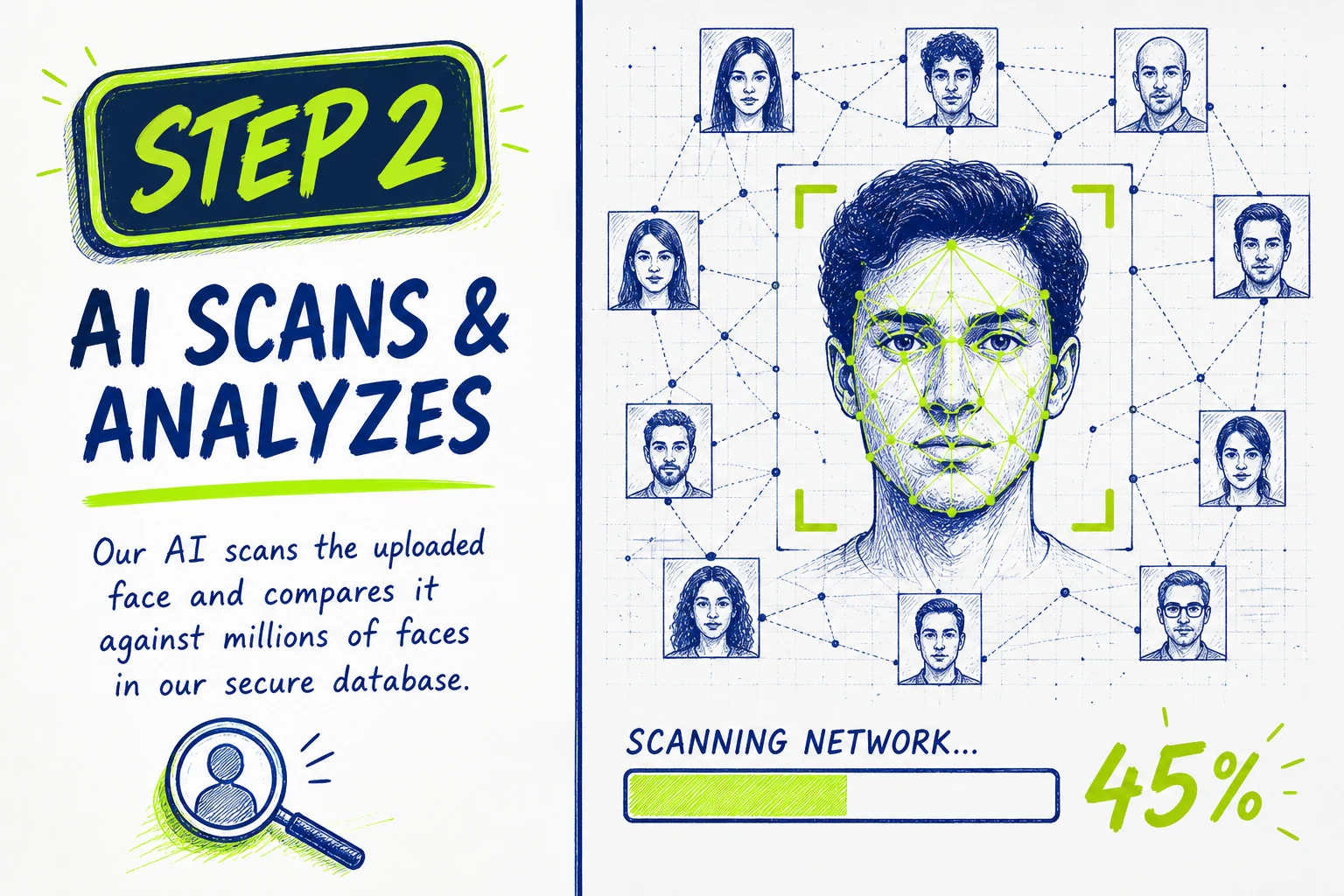 Face detection measuring facial features to build a search signature