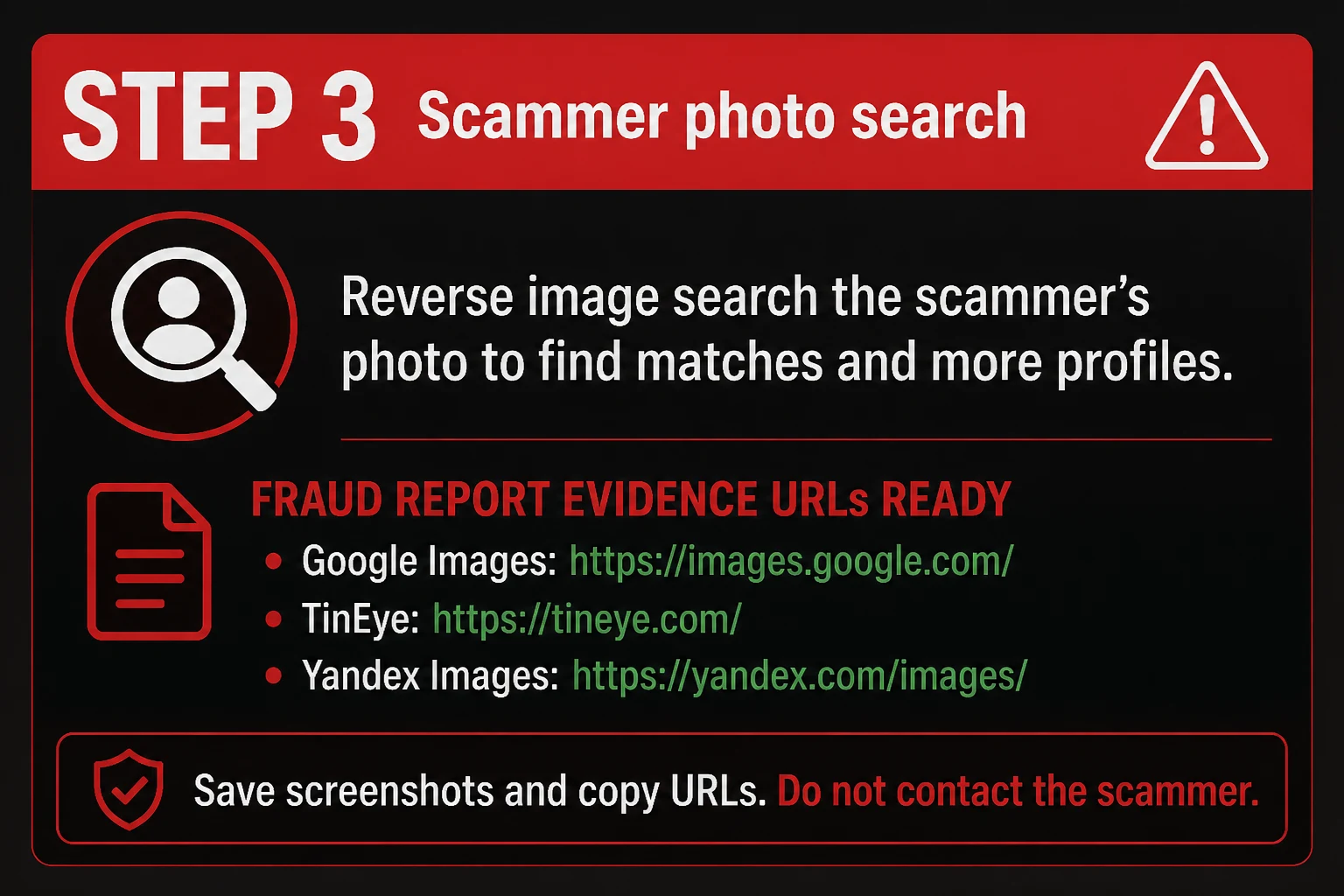 Scammer photo search evidence ready for fraud report