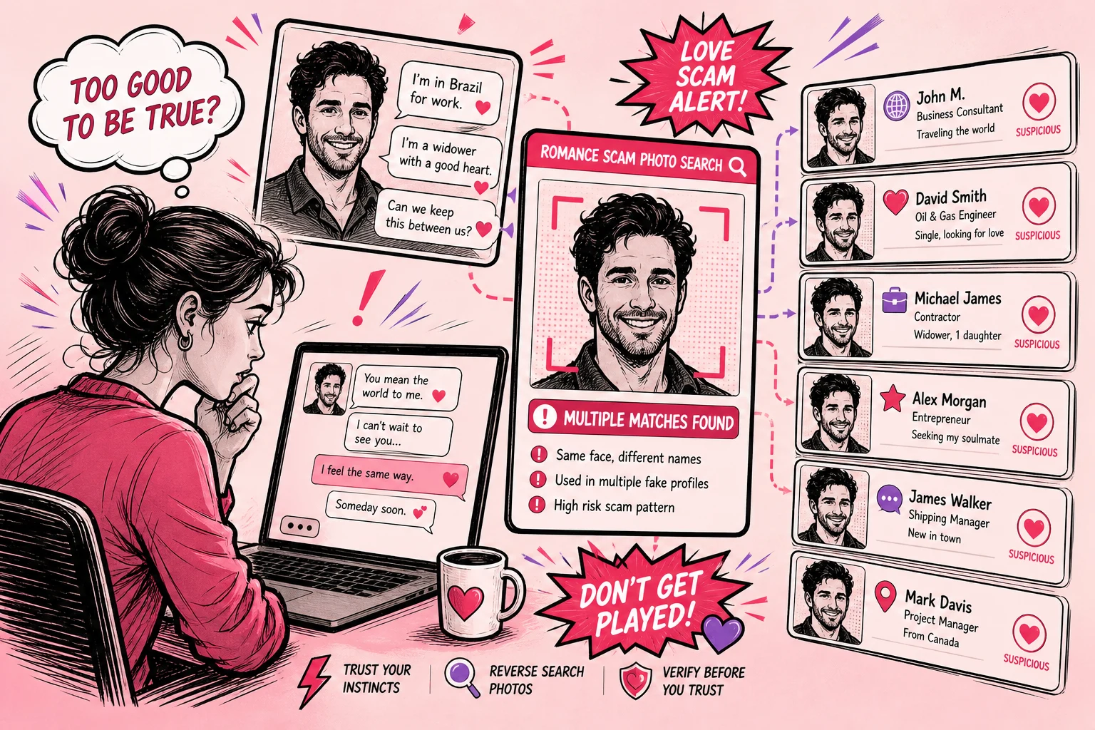 Romance scam photo search exposing fake online relationships