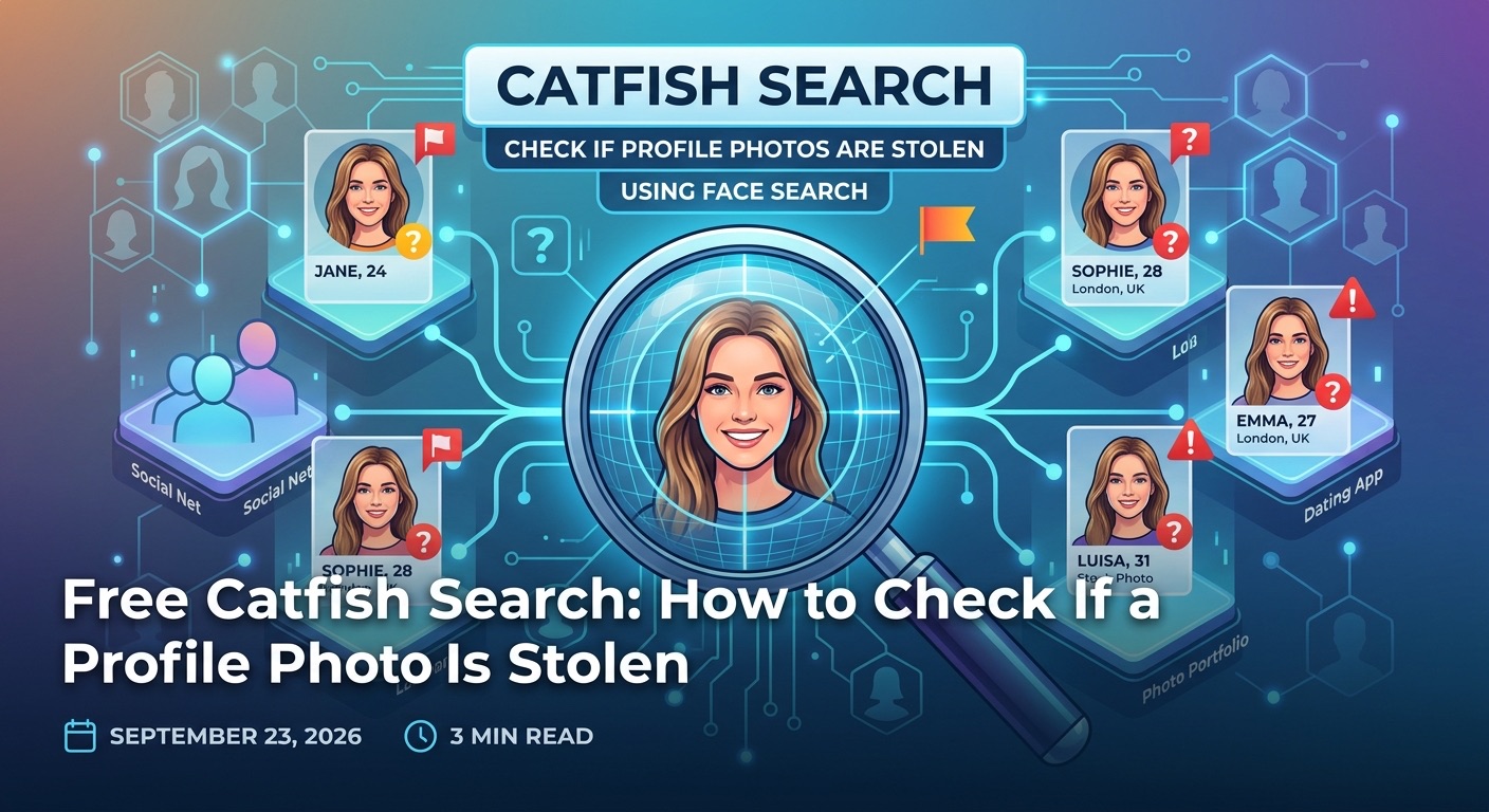 Free catfish search: a profile photo under a magnifying glass matched against dating and social profiles using different names